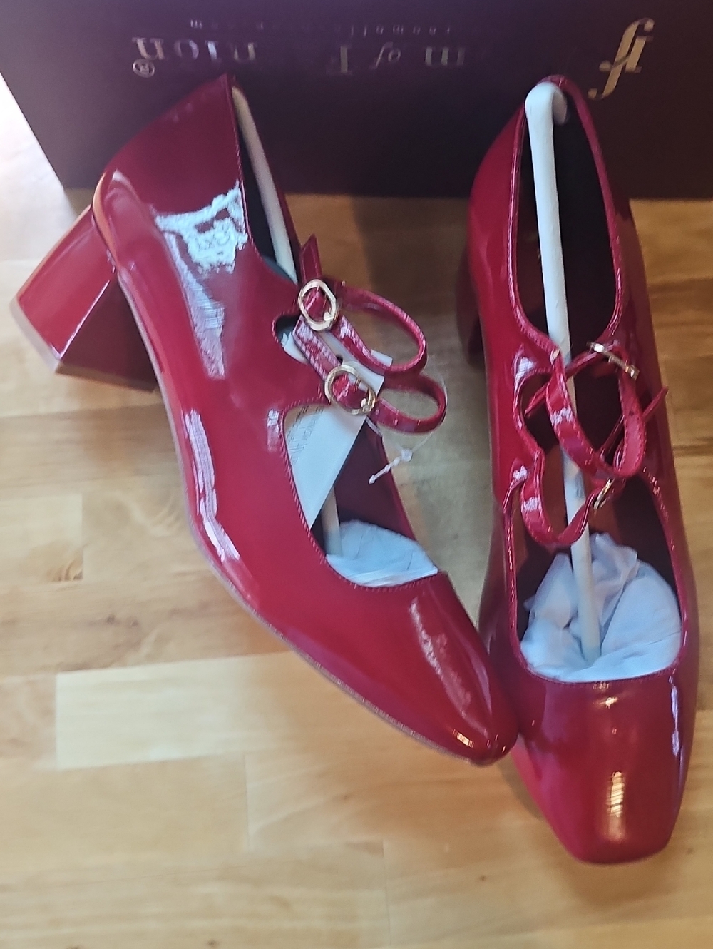 Patent Red Mary Jane Block Heel Pumps - Women